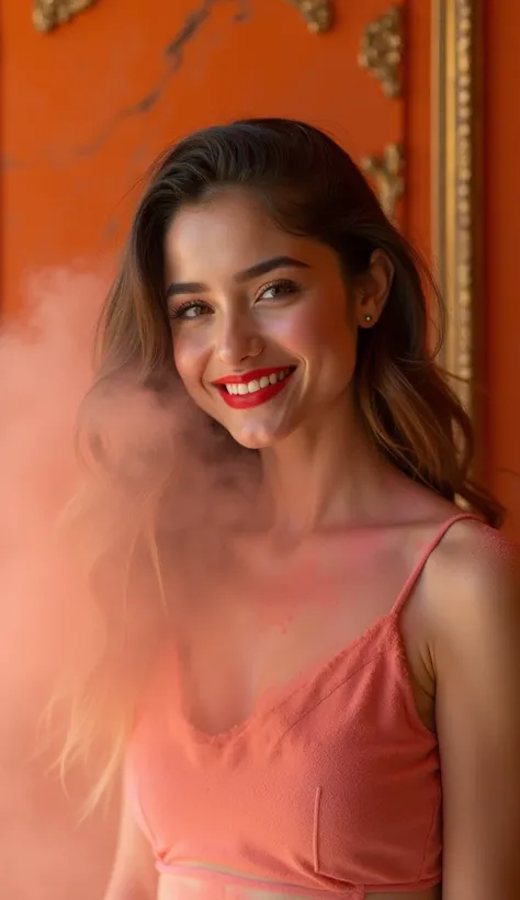 (dynamic pose:1.2),(dynamic camera),photo RAW,((young skinny smile a woman covered in colored powder),(look to viewer),(full red lips),(orange Wallpaper with a marble vintage pattern in the background:1.3)),masterpiece, best quality, highly detailed, rule ...