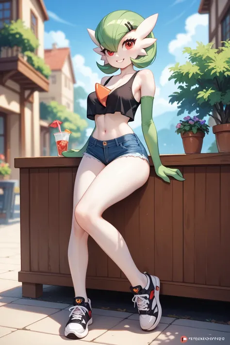 (((Gardevoir pokemon)), anthropomorphic, big boobs, big ass, pokemorph, (((1 girl))), (((black cropped tank top))), (white short jeans), sexy legs, cute and sexy, (black sneakers), slim, owhite skin, long legs, smiling