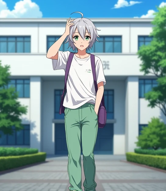 A 17-year-old anime man , anime To love ru,  soft lighting ,  He is standing outside at the entrance of a huge white school with blue tinted windows in the city of Tokyo during the afternoon with few clouds and an orange sky, He is 1,71 cm, You have silver...