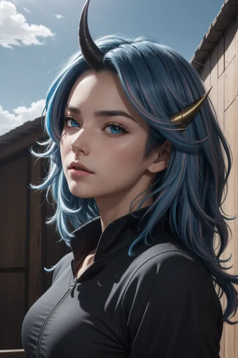 ( extremely detailed CG Unity 8k wallpaper:1.1), Mrs. Nagant,  Boku No Hero Academia,  masterpiece , highres, 1 girl, Alone, cabello multicolor,  light blue hair , heterochromia, right eye sky blue,  left eye yellow ,  blushing looking at the spectator,  w...