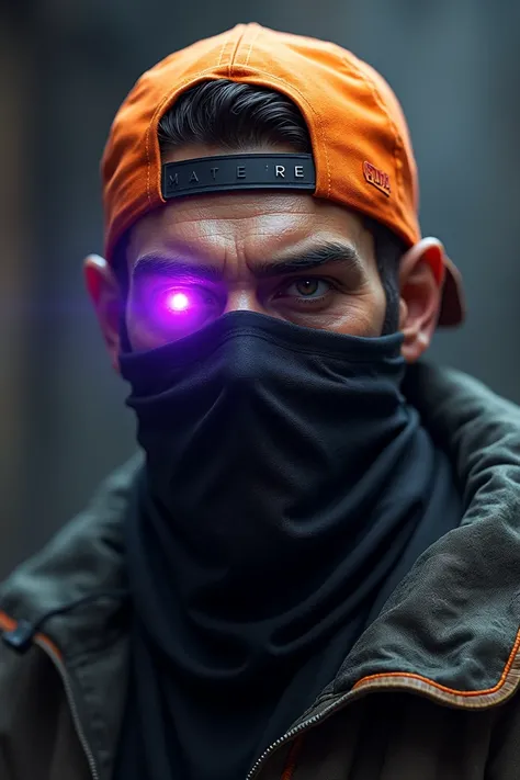 A Free-Fire style male character with an orange cap turned backwards with purple light on his eye with a black mask 