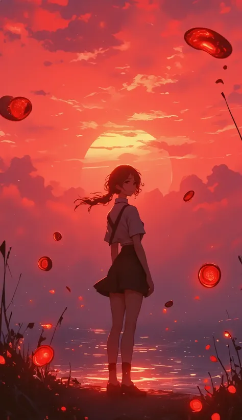 1 girl, Alone,smile, playa,(sunset:1.1),  Akagi_Also(denchi-project ), Alone,  star,  twin braids ,Shine, from behind,  looking back, huge sunset,red floating, uniform, Evening, Shaking, Mar