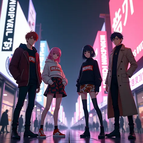 *"The characters from the Jujutsu Kaisen universe, including Yuji Itadori, Megumi Fushiguro, Nobara Kugisaki, and Satoru Gojo, are gathered in a dynamic and vibrant scene where the central focus is the brand Merveil. The name Merveil is prominently display...