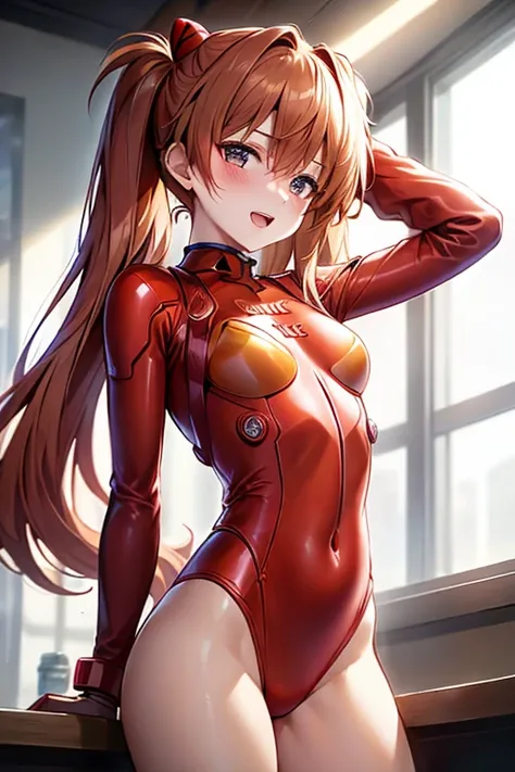 (( best quality)), ((masterpiece)), (be familiar with),  perfect face, indoor, bedroom,  viewer,
One woman,  Soryu Asuka Langley ,
 open mouth,  ecstatic expression with hands in front of body, blush, smile,
Small breasts,  flat chested, Young girl, Lori, ...