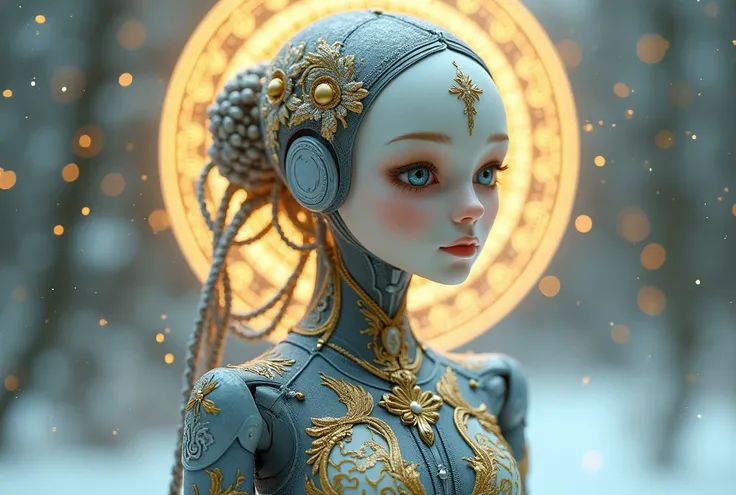 "A robotic Ukrainian woman inspired by a traditional motanka doll, depicted in an art nouveau style. Her smooth, robotic face is framed by flowing, elegant lines and intricate floral patterns, with a cross-shaped embroidery design on her face. She wears a ...