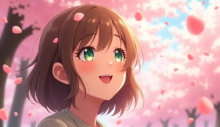 close-up, a young woman with light brown bob hair and emerald green eyes, looking up at the sky with a happy smile, anime style, Makoto Shinkai style, spring day, soft lighting, cherry blossom petals falling gently, gentle breeze, blurred cherry blossoms i...