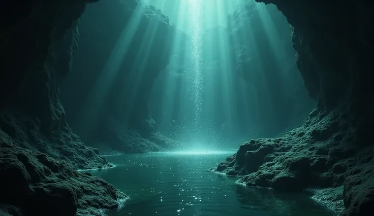 " An ultra-realistic and cinematic image of the depths of primitive oceans,  where simple chemical compounds began to combine .  The scene presents dark and mysterious waters ,  with hydrothermal vents releasing nutrients and heat .  Gas bubbles rise slowl...