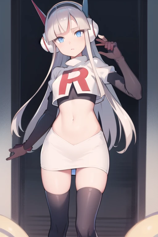 masterpiece, best quality, bw2elesa, silver hair, blue eyes, streaked hair, long sidelocks, hair ornaments, headphones, team rocket,team rocket uniform,white skirt,red letter R,crop top,black thigh-highs,black elbow gloves, looking at viewer, 