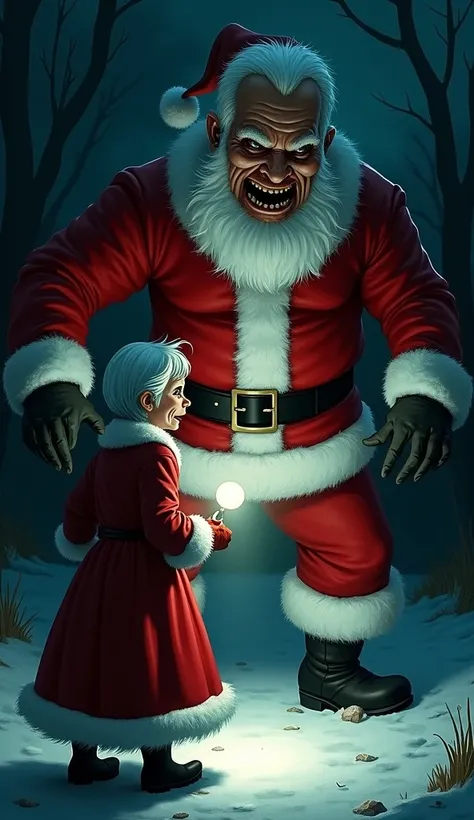 11. **"Mrs. Claus staggers back with a face of fear, her flashlight casting flickering shadows over Clauss twisted figure as she approaches, her voice a sinister growl.**