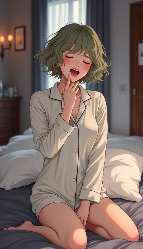  digital art , Pencil drawing,  cute young woman,  curly short hair in moss green,  ultra-thin pajamas , Waking up,  yawn on the bed , Touch your hands to your mouth 