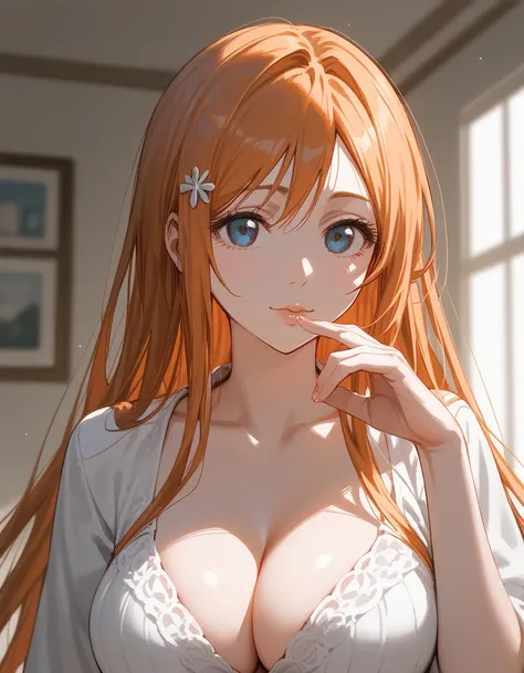 close up, score_9, score_8_up, score_7_up, (solo), 1girl, ((inoue orihime)),orange hair, big breast, cleavage, ((((hands))), fingers, room, bleach , 