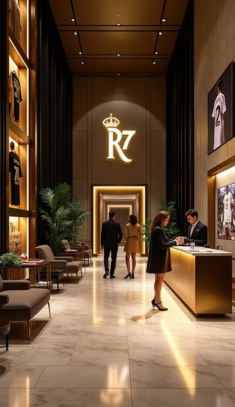 A luxurious hotel lobby inspired by Ronaldo’s legacy, featuring elegant modern design with marble floors, sleek gold and black accents, and ambient lighting. Showcased throughout the space are Ronaldo memorabilia, including framed jerseys, signed footballs...