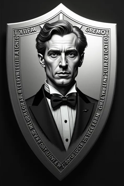 Design me a frontal silver shield with the engraving of an elegant English man in the center and put inside: GREMIO SEDUCTORES