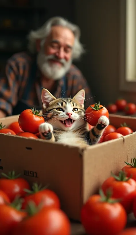 Inside a cardboard box containing harvested tomatoes, a cat lies on its back, munching on a tomato in each hand.In the background is a realistic photo of a farmers uncle who is vaguely visible, smiling at us.