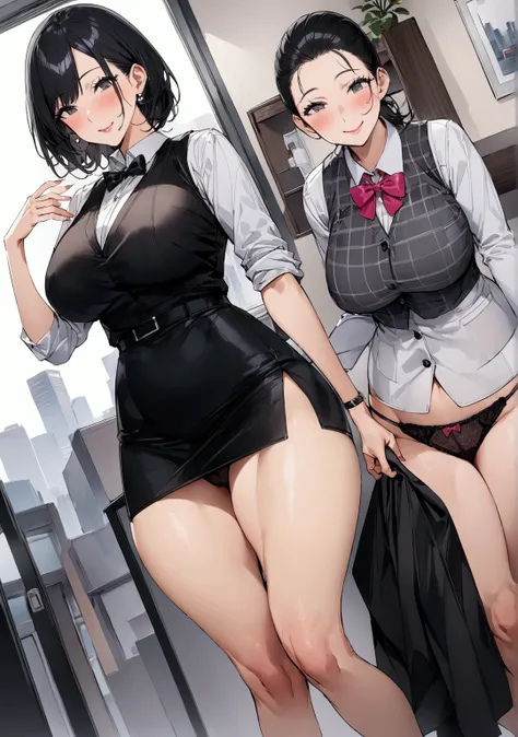  Mature Woman、Mature Woman、1 female,  office worker , Reception, (  Im staring at a white and gray check vest:1.2) ( navy pencil skirt )  bow tie ,  Mature WomanMature Woman, /( black hair/) bangs,  gentle blushing smile  , ( Best Quality Masterpiece :1.2)...