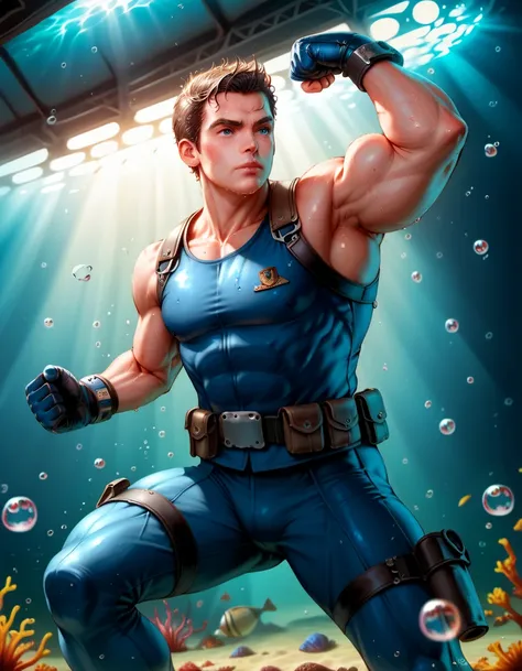 (Only 1 man), muscular man,  Dynamic Pose ,  water splash , Powerful, intense,  short hair, tactical equipment, harness, bíceps, triceps, water drops,  blue tones , metal, determination,  tight fists , action, strength,  domino effect ,  high contrast,  li...