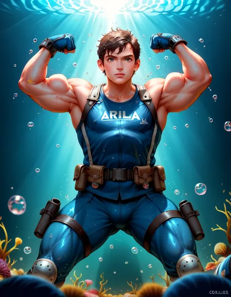 (Only 1 man), muscular man,  Dynamic Pose ,  water splash , Powerful, intense,  short hair, tactical equipment, harness, bíceps, triceps, water drops,  blue tones , metal, determination,  tight fists , action, strength,  domino effect ,  high contrast,  li...