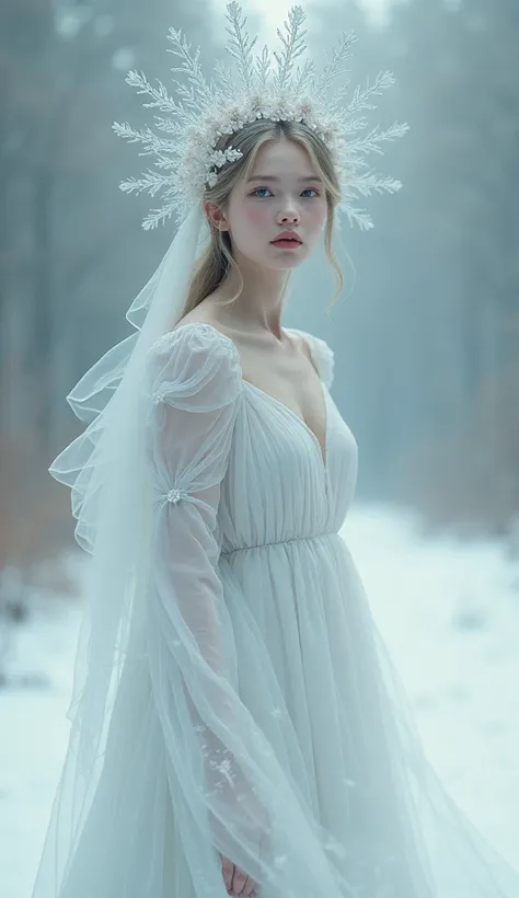 Arafed woman in a white dress with a snowflake headpiece