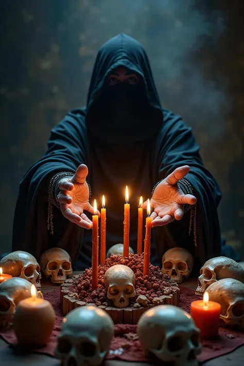  A spiritual master where only his hands can be seen ,  that you can see the material he is using as candles of all kinds, incense and skulls ,  that is super hyper mega-dark 