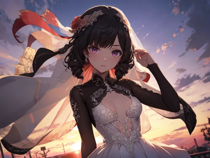 Solo, Single Female, (Human Ear, Earring), (One Arm Raised), (Anime Face), (Hair Accessory), ((Pure Black See-Through Wedding Dress)), (Sunset Sky, Sunset), Evening Sky), (Focus on Chest, Oblique Upward Angle), (High Resolution, Masterpiece, Accurate, Anat...