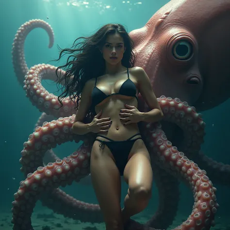 Beautiful fit light skinned brunette Arabic woman with big breast and thick thighs in black bikini grappling with one gigantic colossal 40 foot very thick smooth tentacle wrapped firmly around her waist and lower body, colossal tentacle holding her by the ...