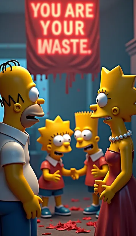 a detailed hyperrealistic 3d computer generated image of the simpsons characters debating, with a banner in the background that says "the end is near",(best quality,4k,8k,highres,masterpiece:1.2),ultra-detailed,(realistic,photorealistic,photo-realistic:1.3...