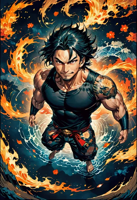 only one character, 1man, mature man, tall man, black hair, compression tshirt, black hair, short hair, muscular man, evil smile, very dynamic pose, no shirt, great perspective, from above, japanese pants, full body, epic, 4k image, mahoraga, from above, n...