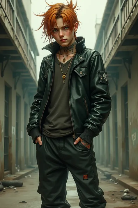 guy looks like a typical skater with baggy pants but a leather jacket his hair pulled back looking wet from the jail, is her color slightly ginger with green eyes.