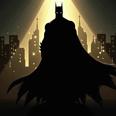 A (((silhouetted figure))), representing Batman, with flowing contours and ominous shadow contrast against a (brightly lit city skyline)Illustration, Action Painting, 3D Rendering, Art Nouveau, Artistic, Cinematic, 