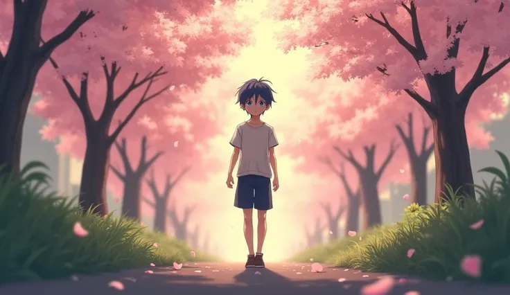 medium shot, a young man with short, dark blue hair and determined blue eyes, wearing a school uniform, walking under cherry blossom trees in full bloom, anime style, Makoto Shinkai style, spring day, golden hour lighting, serene, peaceful, beautiful, a fe...