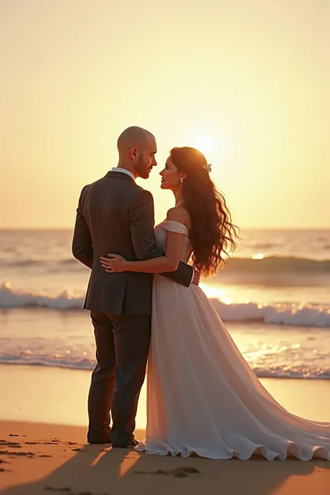 jaimerai que tu me dessines moi un couple de dos qui se marie a la plage. Lhomme a le crâne rasé et la femme est brune aux cheveux longs. Ils sont seuls sur la plage.