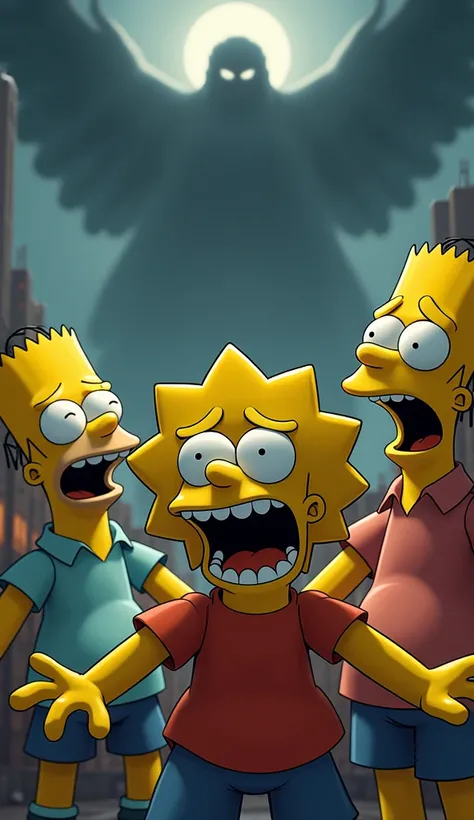 a group of cartoon characters in the style of The Simpsons, people being taken up in a rapture event, the characters are distressed and suffering, ultradetailed, cinematic lighting, dramatic colors, award winning digital art, 8k, photorealistic, intricate ...