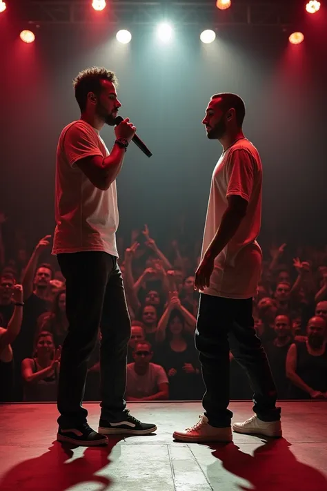 Create an image of Aczino versus Canserbero on a stage of rap battles and in the background a lot of people supporting