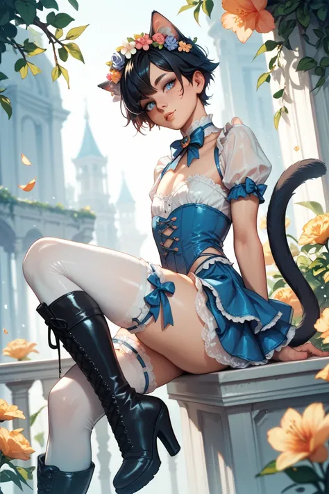 femboy, catboy, black hair, puffy tail with a bow, beauty marks, thigh high socks with ribbons, blue, sci fi clothes, pants, laced up boots, flower crown