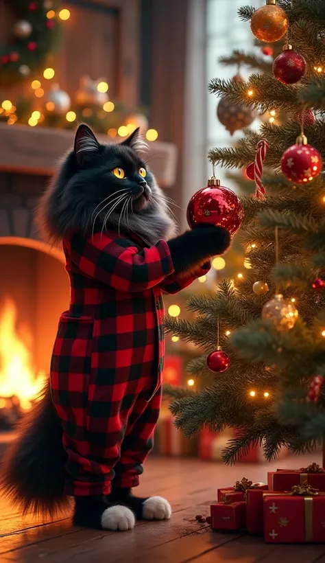 digital fluffy black Siberian cat with yellow  in detail live reflective eyes, so realistic ,  as much as possible  ,  stands on its hind legs next to the Christmas tree , looks at the tree and decorates the tree,   The cat is wearing cozy homemade traditi...