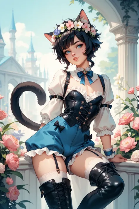 femboy, catboy, black hair, puffy tail with a bow, beauty marks, thigh high socks with ribbons, blue, sci fi clothes, pants, laced up boots, flower crown