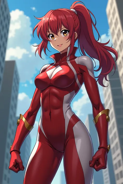  My Hero Academia Style ,   anime girl , woman, young woman ,  full body shot ,( Fighting Stance :1.3),Long Hair, Red Hair,   Brown Eyes , hero suit, Full Body Suit,  red suit with white details, perfect anatomy,  enhanced abs , super detailed,(building:1....