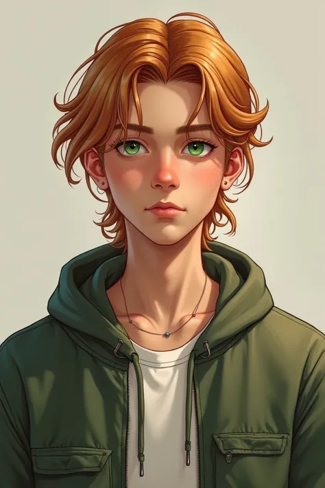 guy looks like a typical skater with baggy pants and jacket, his hair pulled back looking wet from the gel, his hai color slightly ginger with green eyes. ( realistic image) 