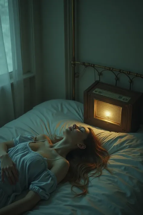 Woman sleeping upside down with a radio  