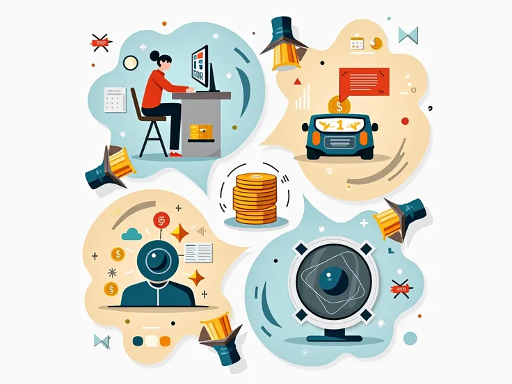  Generate an abstract image that represents the 4 elements of the marketing mix  (Product, Price, Communication,  DISTRIBUTION )  using icons and graphic representations .  Include elements such as products , coins, speakers, and distribution chains ,  wit...