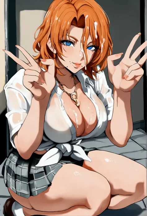 Mamimi style, Rangiku, short hair, orange hair, blue eyes, hair between eyes, mole under the mouth, necklace, school uniform, white shirt, tied shirt, plaid skirt, cleavage cutout, looking at the viewer, cowboy shot, ass, day, dark back alley, pert ass, de...