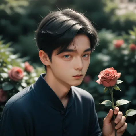  gardening,Taking care of roses ,japanese boy, 19-years-old,small face,round face,dark blue eyes, black hair,(slim),(small:0.9),(perfect hand)8k,( Realistic)