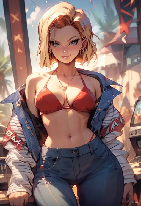 (masterpiece), sexy smile, android 18, best quality, expressive eyes, perfect face, a red hear woman, in a red bikini, with long leg, big hips and gorgeous gest