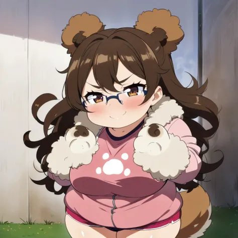 Anime, 1 girl, plump, fluffy hair, side-layered hair, brunette, curvy body, sports bra (((paw imprint))), jacket, short shorts, glasses, tail, shy Smile 