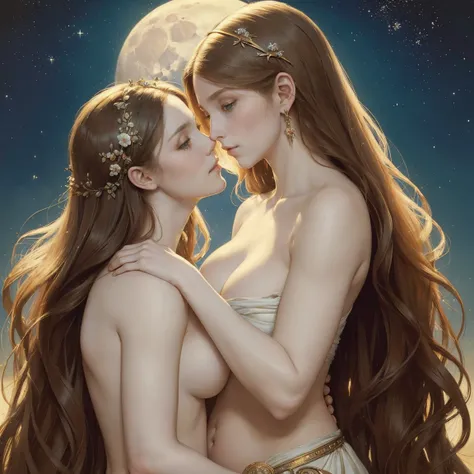 (masterpiece, highest quality, official art, beauty and aesthetic:1.5), oil painting by Leonardo da Vinci and Alfons Maria Mucha, (perfect anatomy), two gorgeous and stunning pale-skinned young pregnant goddesses is deeply in love with each other, kiss, fa...