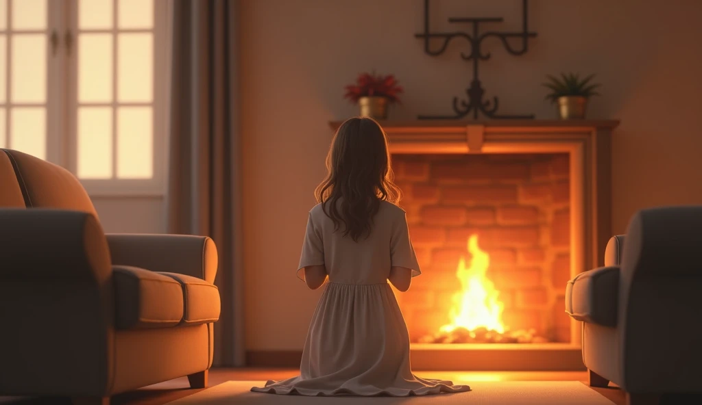 "a mature female character ,   praying in a living room in a house inside ,  in an armchair in a warm and pleasant environment for prayer.  The living room has a fireplace burning in the corner , illuminating the environment with a low light .  The setting...