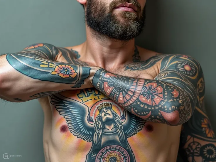 To the man to put his arms tattooed with the image of Saint Michael the Archangel to improve his beard on his arm colored mandala tattoo 