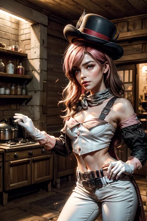 pink and brown hair, multicolored hair, neopolitanatlas, bowler hat, grey scarf, white gloves, white shirt, off-shoulder shirt, black sleeves, midriff, white belt, white pants, post apocalyptic scene, inside old kitchen, debris, bonfire, standing near sold...