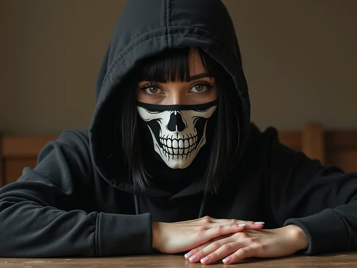  scene of a woman with her short black hair,With capus covering her hair all over , with her hand on a table ,  with a cold hooded blouse over her head , with a black mask with a skull symbol covering only the mouth, dark brown eyes, a close-up painting,  ...