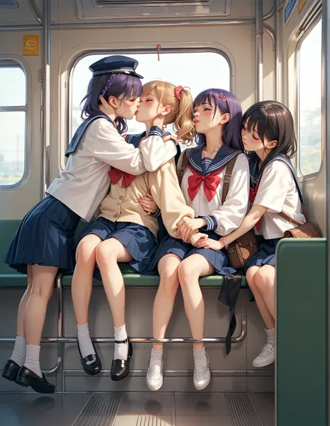 5girl, Sitting in a seat on a train, sailor suits,hug and kiss. force kiss, train Window, anime cute girl, idol unit,